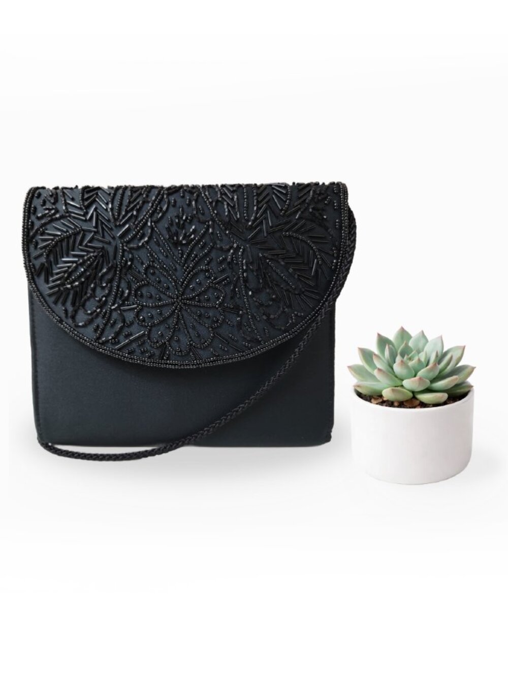 Black Beaded Satin Crossbody Evening Bag Clutch